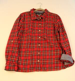 Tommy Hilfiger Womens XL Red Tartan Plaid Shirt Metallic Thread Chambray Trim